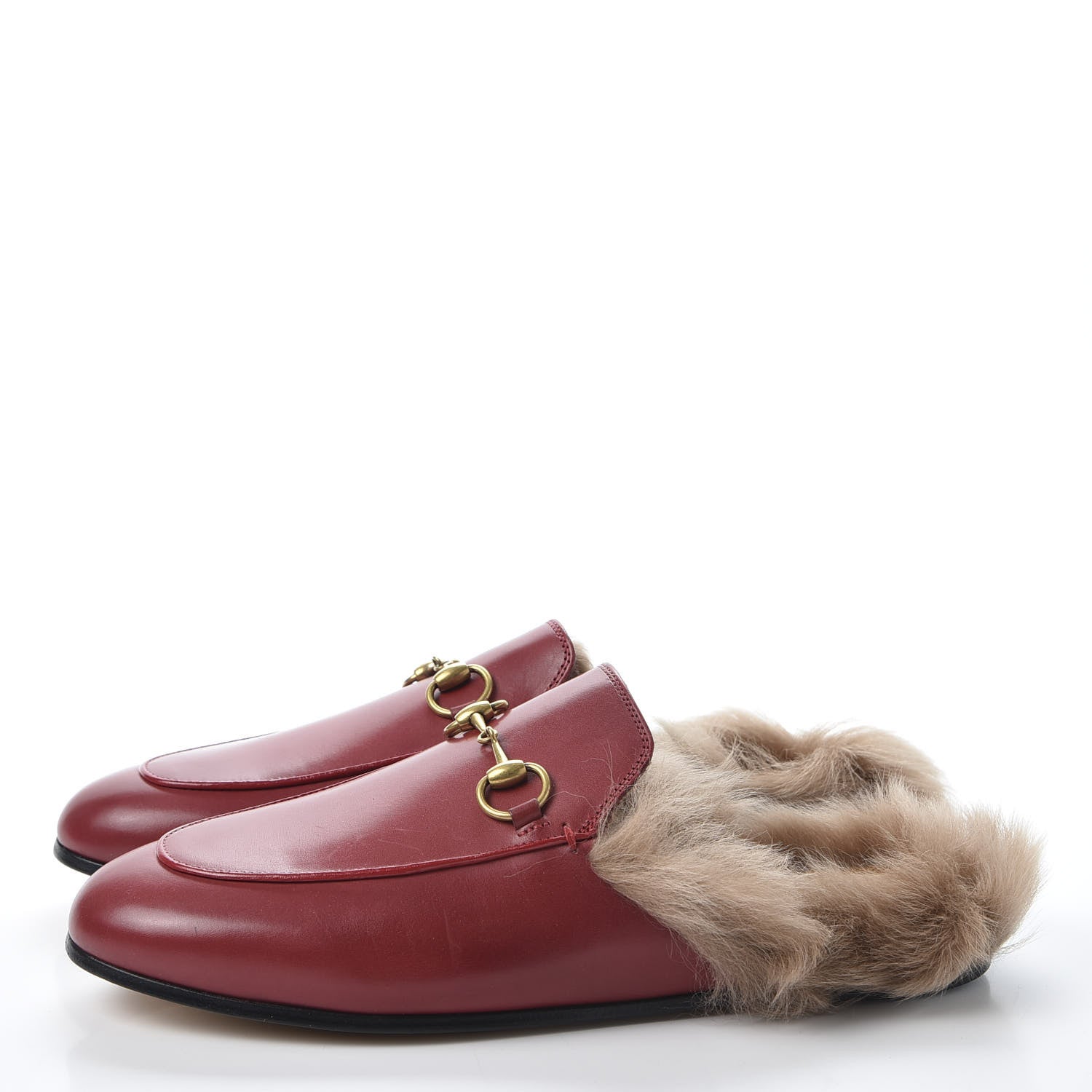 Gucci Betis Glamour Calfskin Fur Womens Princetown Slippers 37.5 Hibiscus Red Naturale 2 of 10