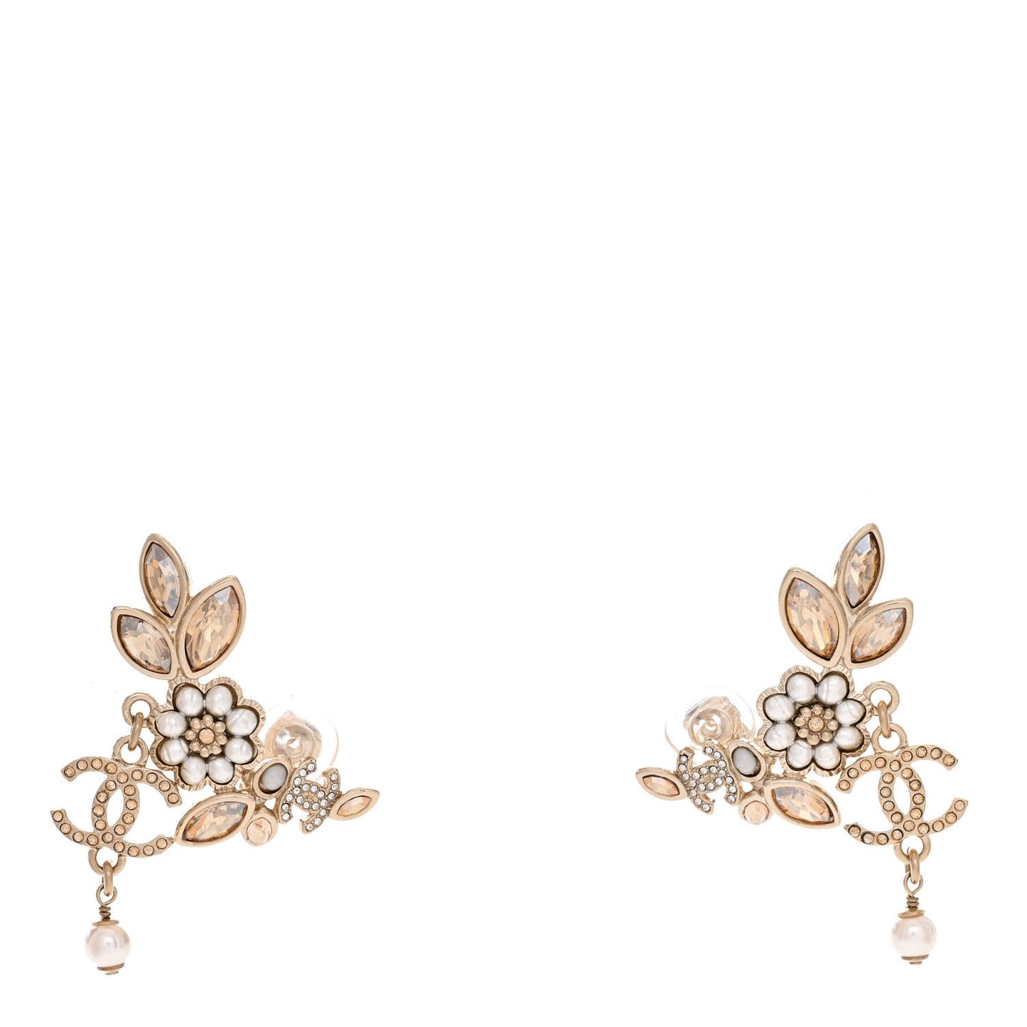 Pearl Crystal CC Flower Cluster Drop Earrings Gold Light Brown Pearly White