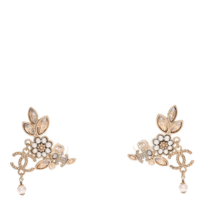 Chanel Pearl Crystal CC Flower Cluster Drop Earrings Gold Light Brown Pearly White 1 of 5