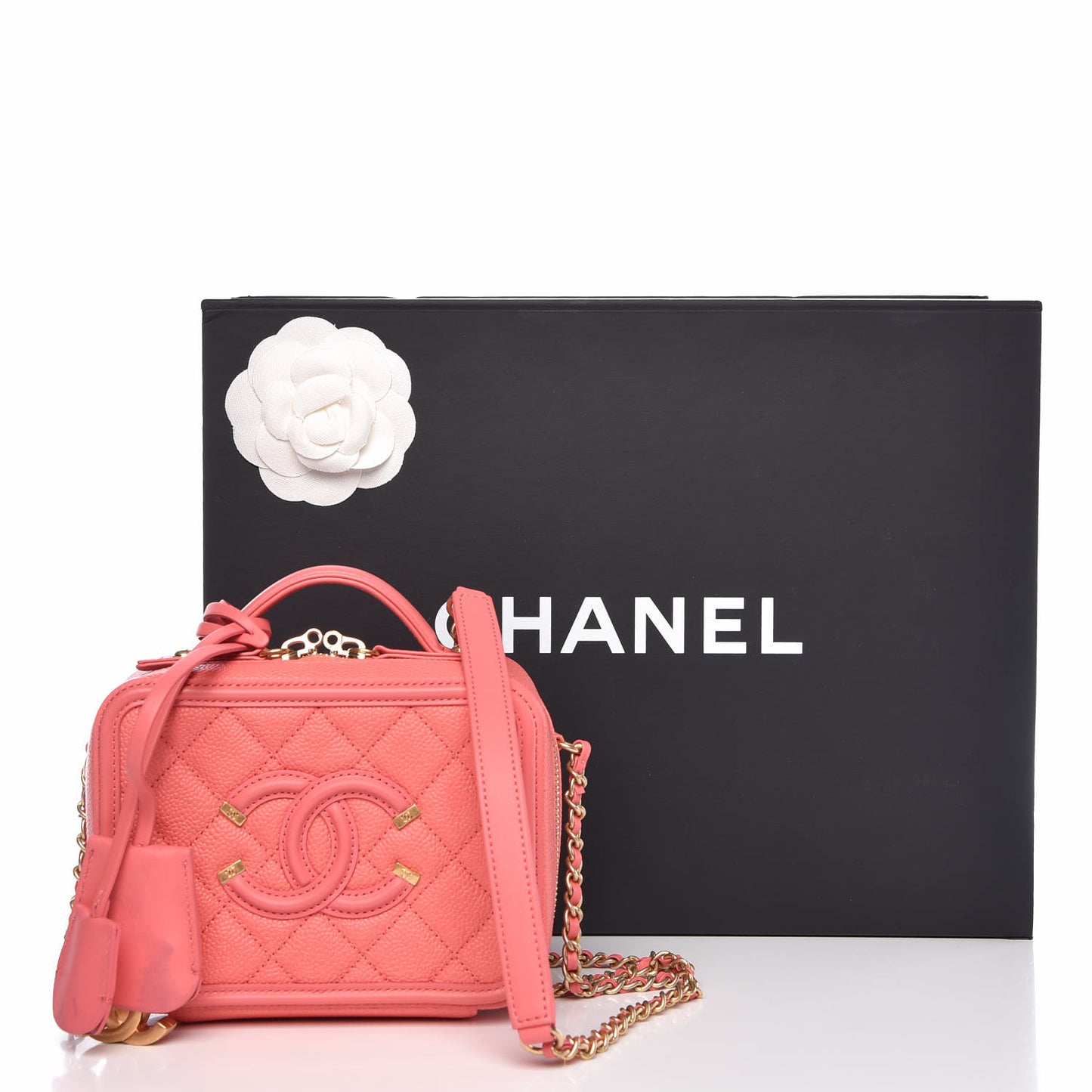 Caviar Quilted Small CC Filigree Vanity Case Coral