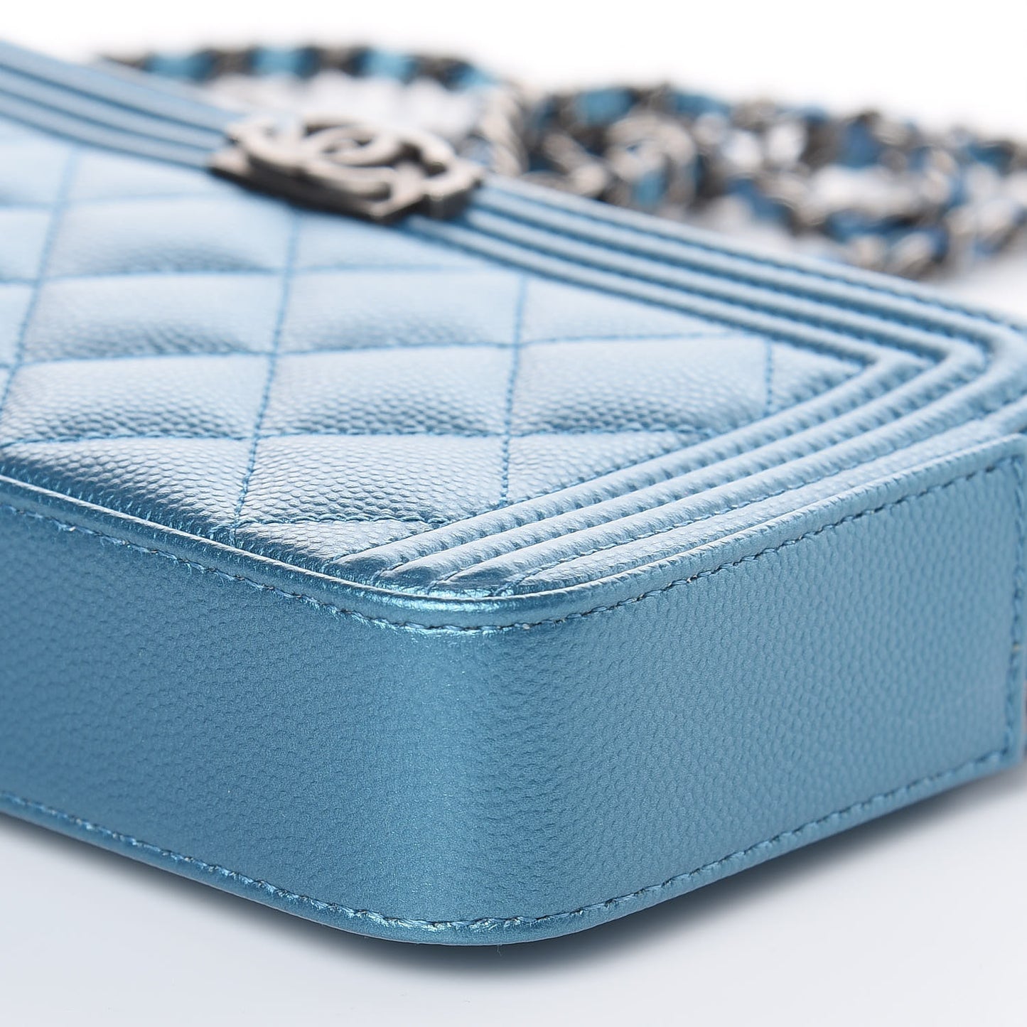 Metallic Caviar Quilted Small Boy Clutch With Chain Turquoise
