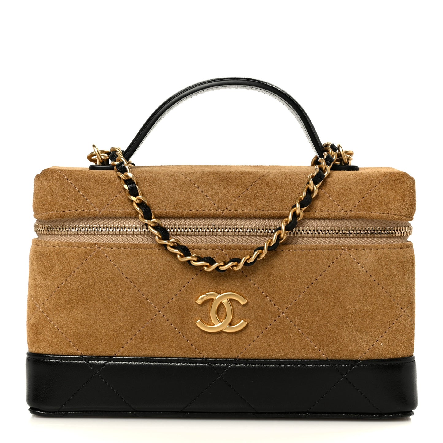 Suede Calfskin Shiny Lambskin Stitched Top Handle Slim Vanity Case With Chain Beige Black