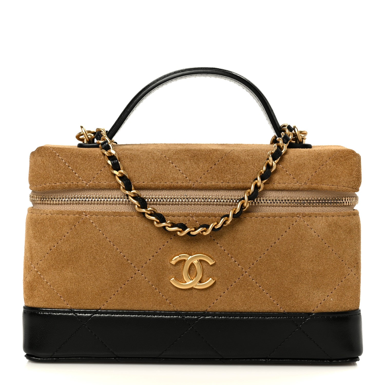 Chanel Suede Calfskin Shiny Lambskin Stitched Top Handle Slim Vanity Case With Chain Beige Black 1 of 11