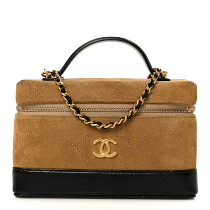 Chanel Suede Calfskin Shiny Lambskin Stitched Top Handle Slim Vanity Case With Chain Beige Black 1 of 11