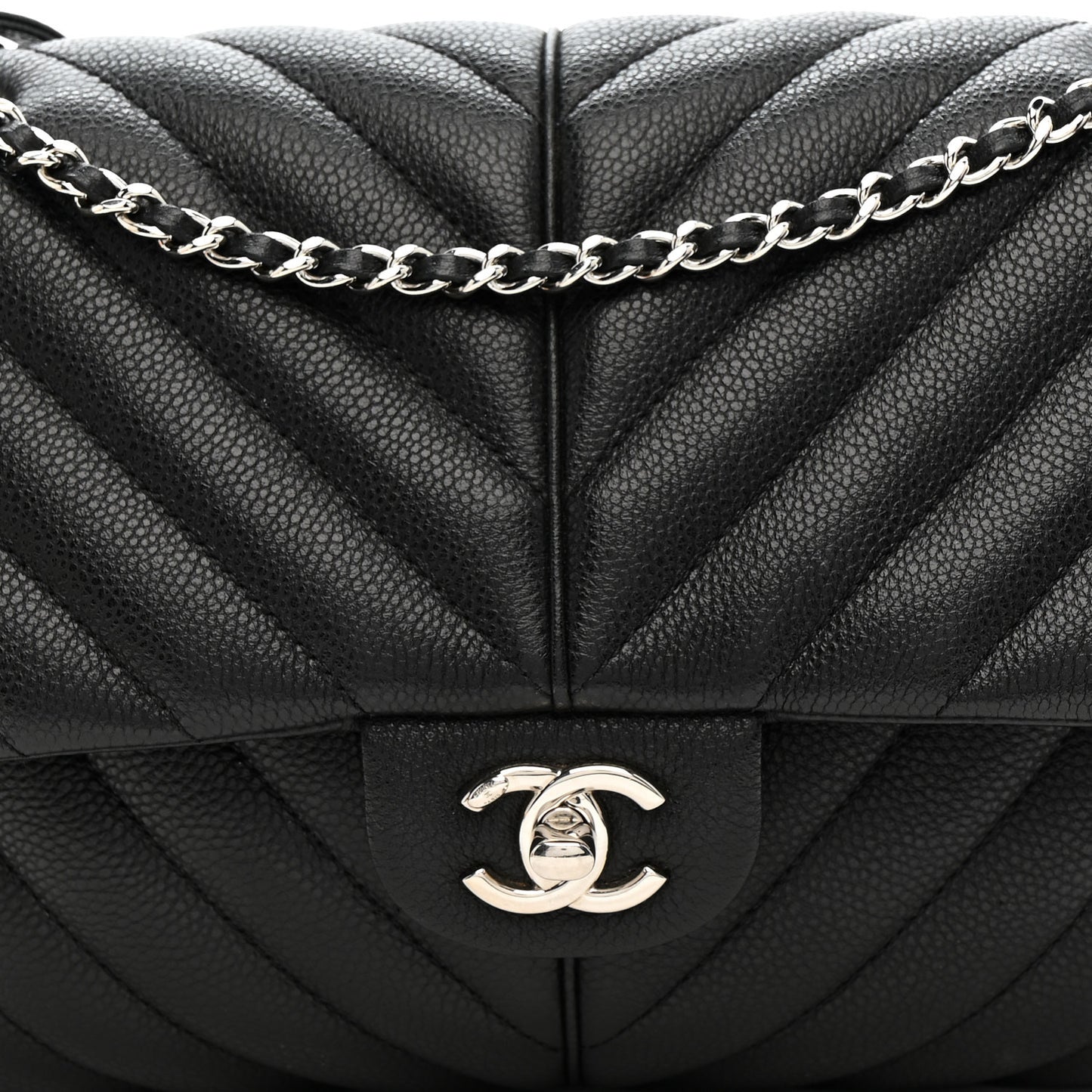 Caviar Chevron Quilted Puffy CC Flap Black