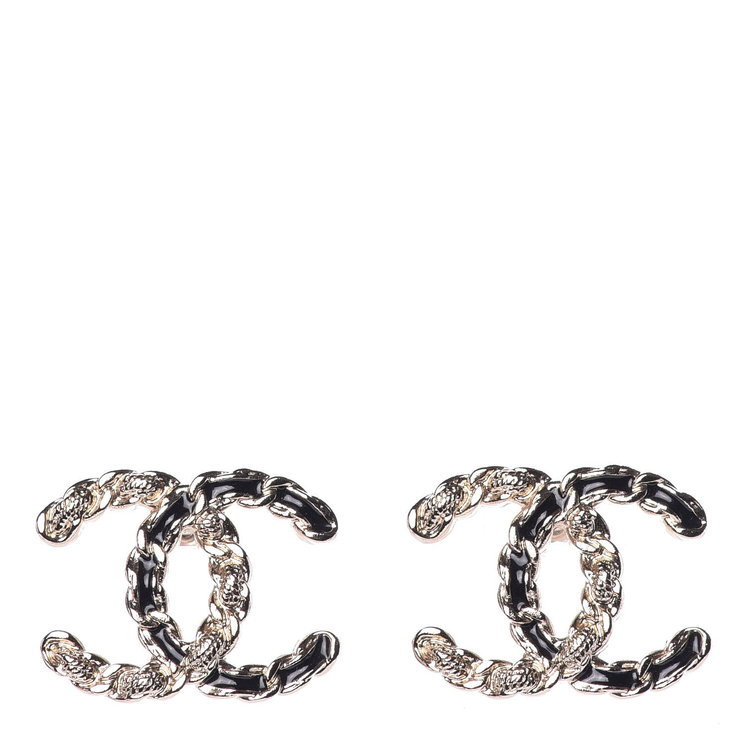 Chanel Enamel Metal Chain French New Wave CC Earrings Black Gold 1 of 4