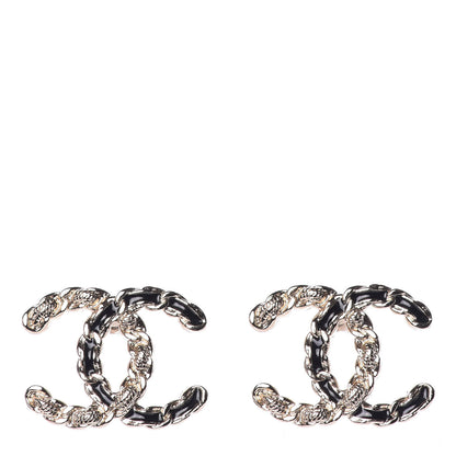 Chanel Enamel Metal Chain French New Wave CC Earrings Black Gold 1 of 4