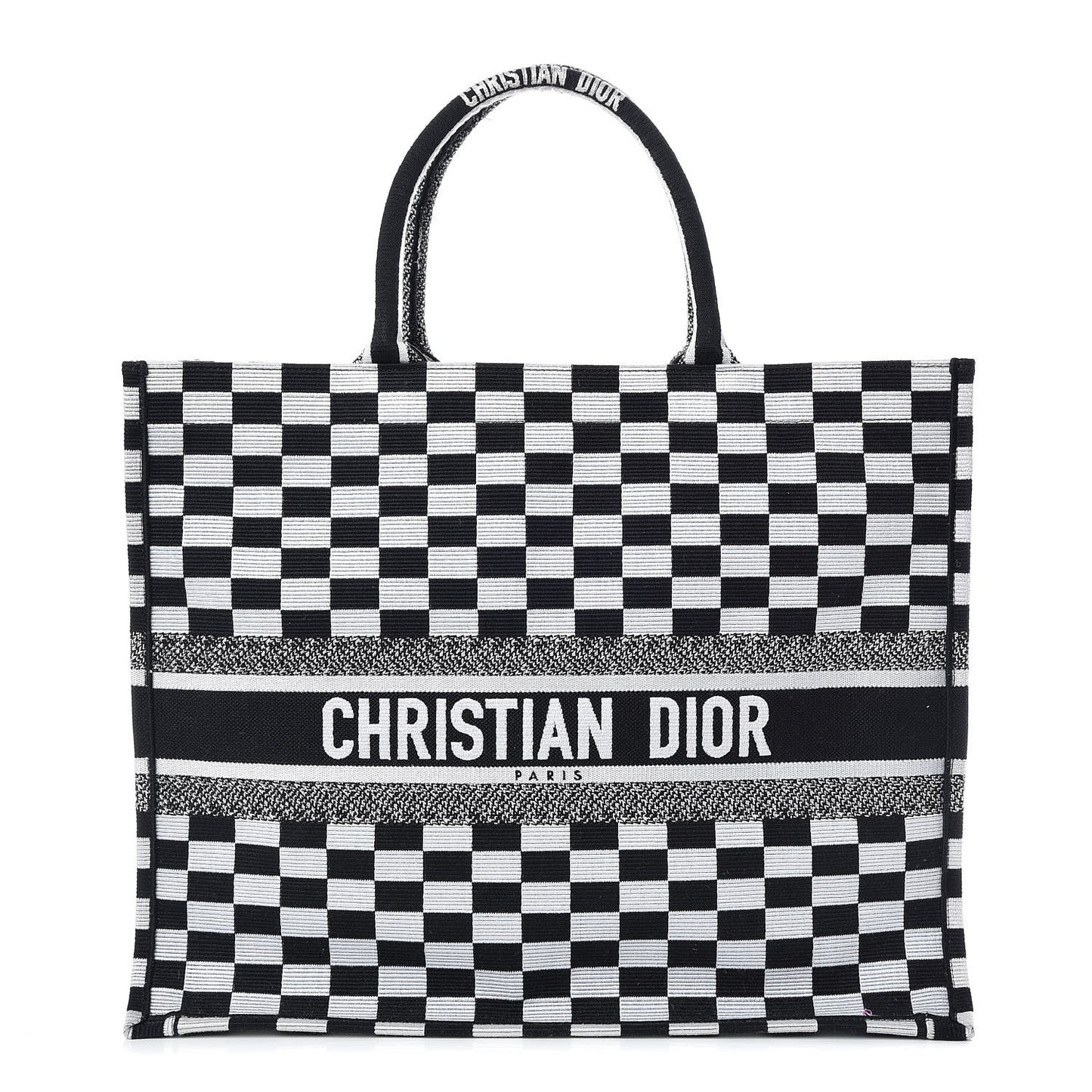Canvas Embroidered Checkered Book Tote Black White
