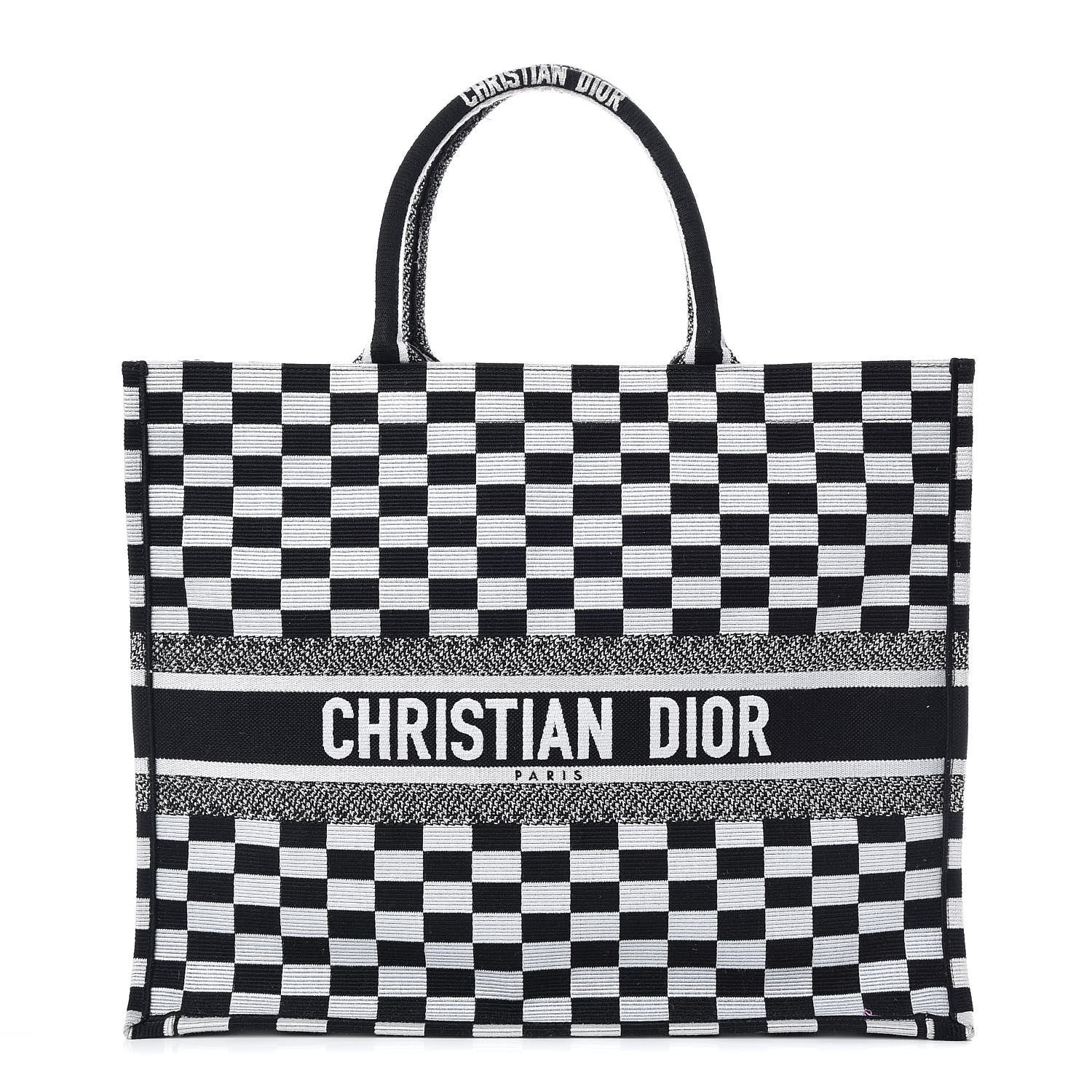 Christian Dior Canvas Embroidered Checkered Book Tote Black White 1 of 9