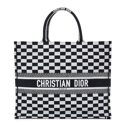 Christian Dior Canvas Embroidered Checkered Book Tote Black White 1 of 9