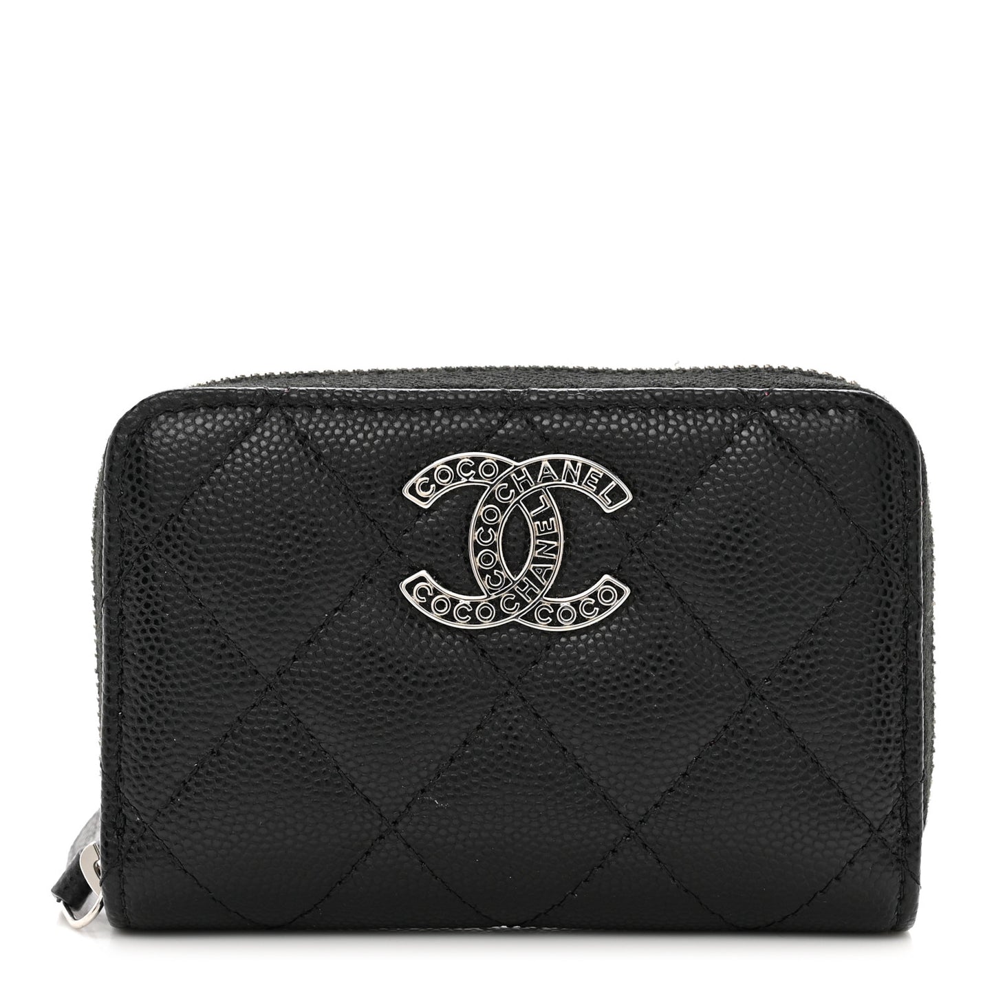 Caviar Quilted Coco Chanel Logo CC Zip Coin Purse Black