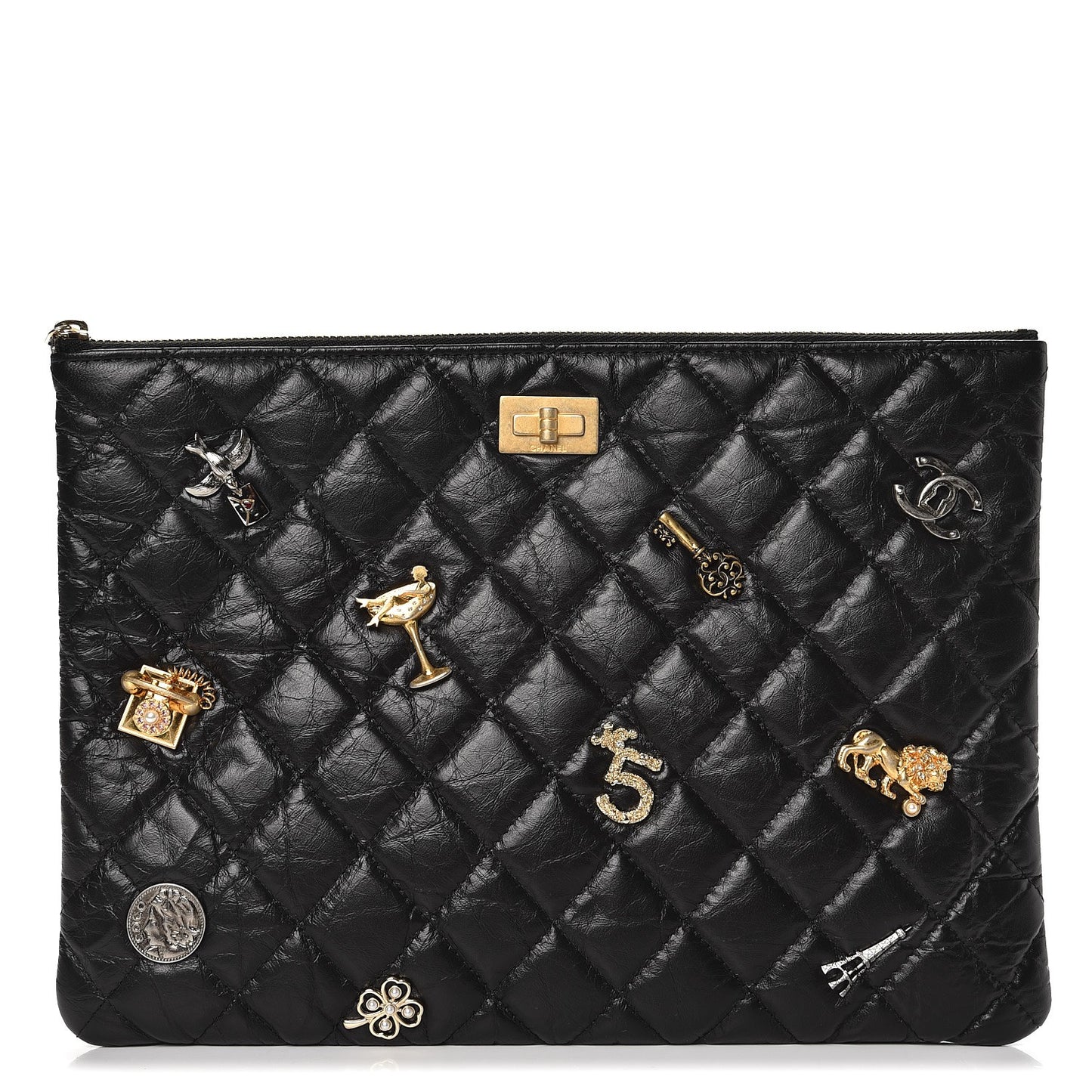 Aged Calfskin Quilted Medium Lucky Charms Cosmetic Case Black