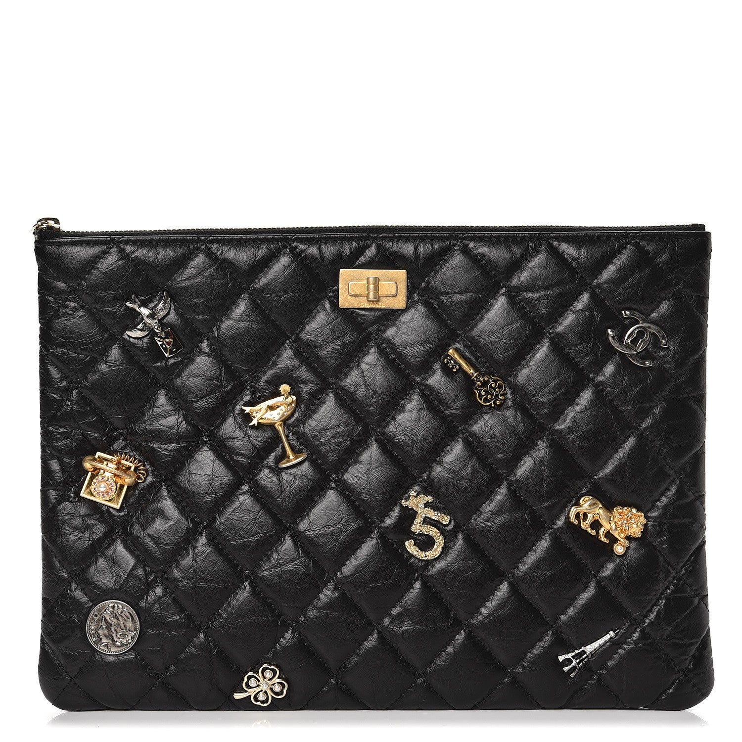 Chanel Aged Calfskin Quilted Medium Lucky Charms Cosmetic Case Black 1 of 8