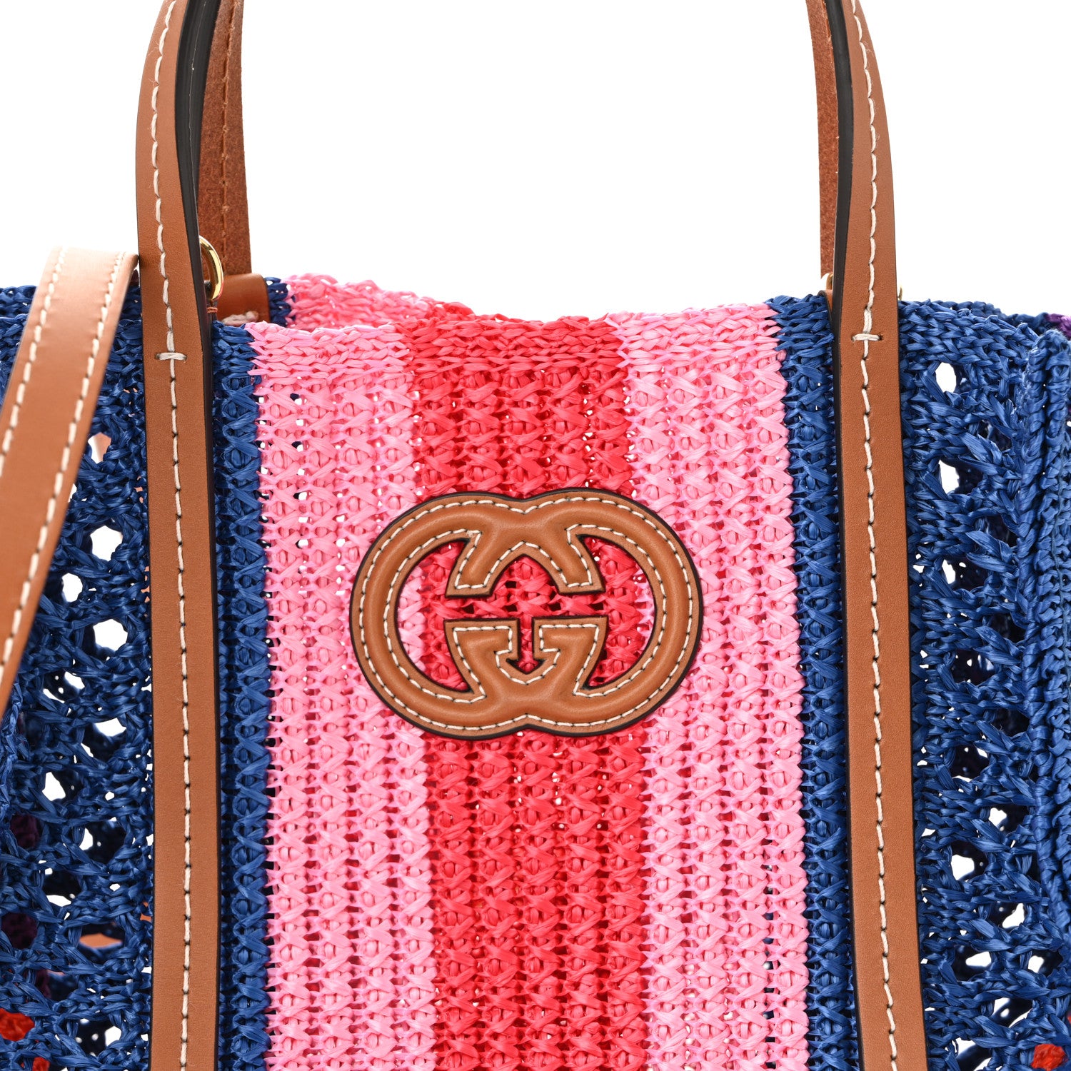Gucci Raffia Web Woven Small Interlocking G Tote Blue Multicolor
