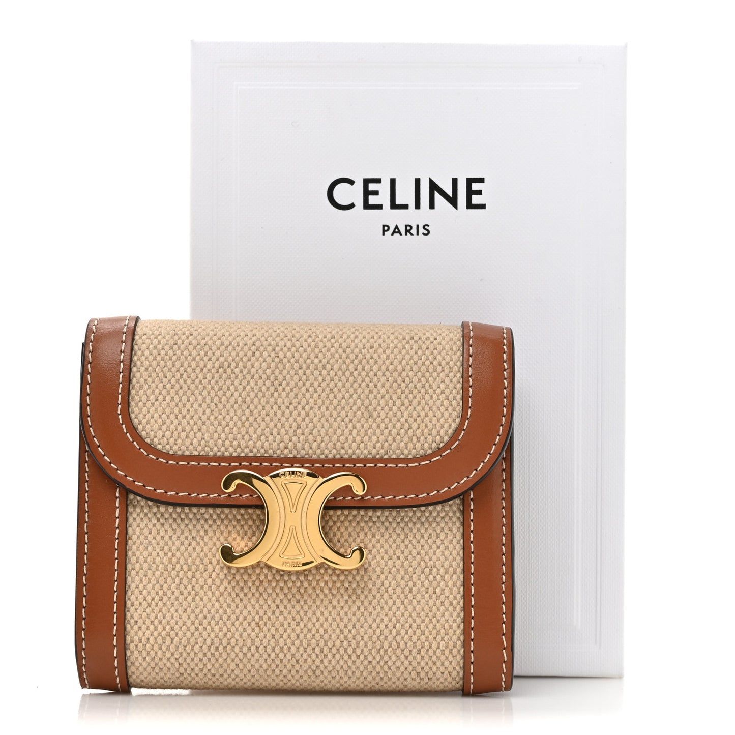 Shiny Calfskin Textile Triomphe Compact Wallet Natural Tan