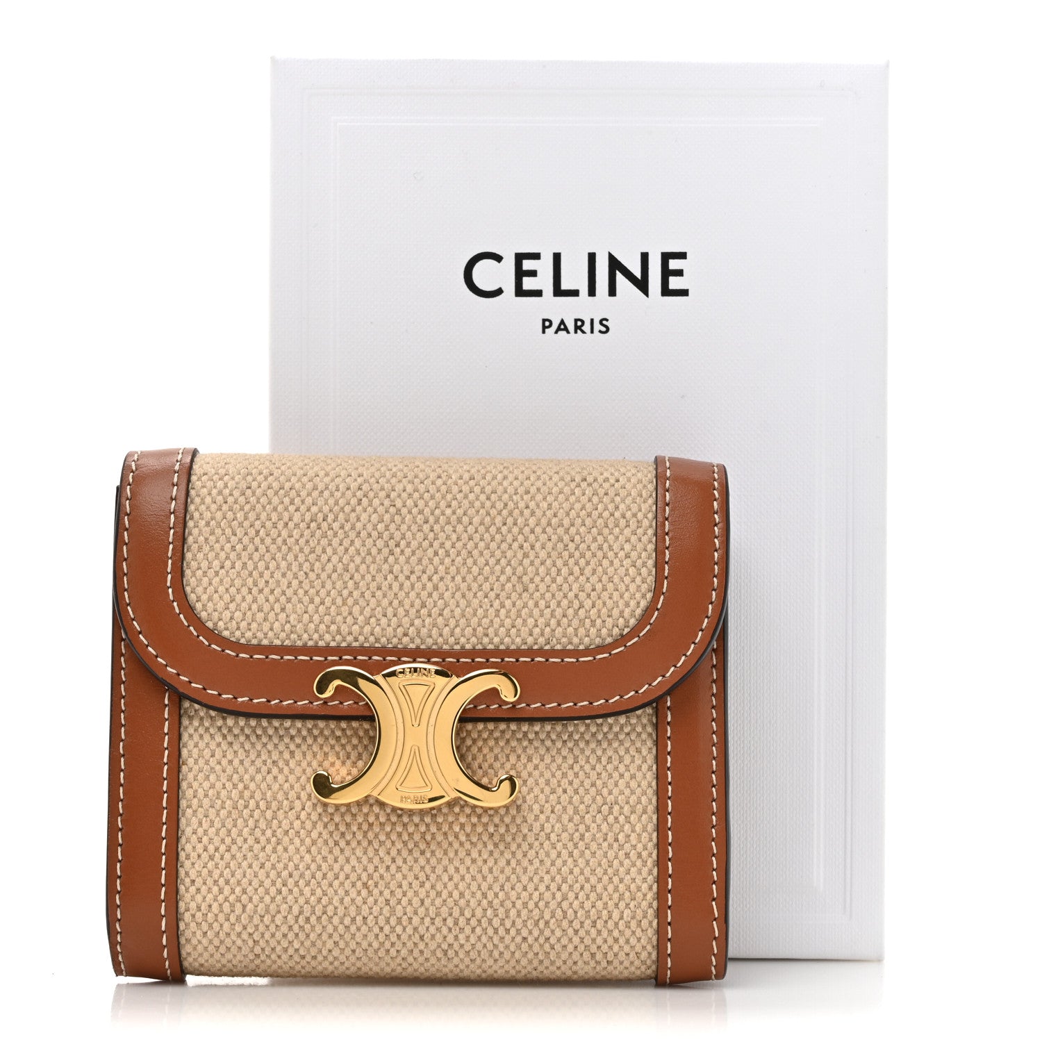 Celine Shiny Calfskin Textile Triomphe Compact Wallet Natural Tan 9 of 9