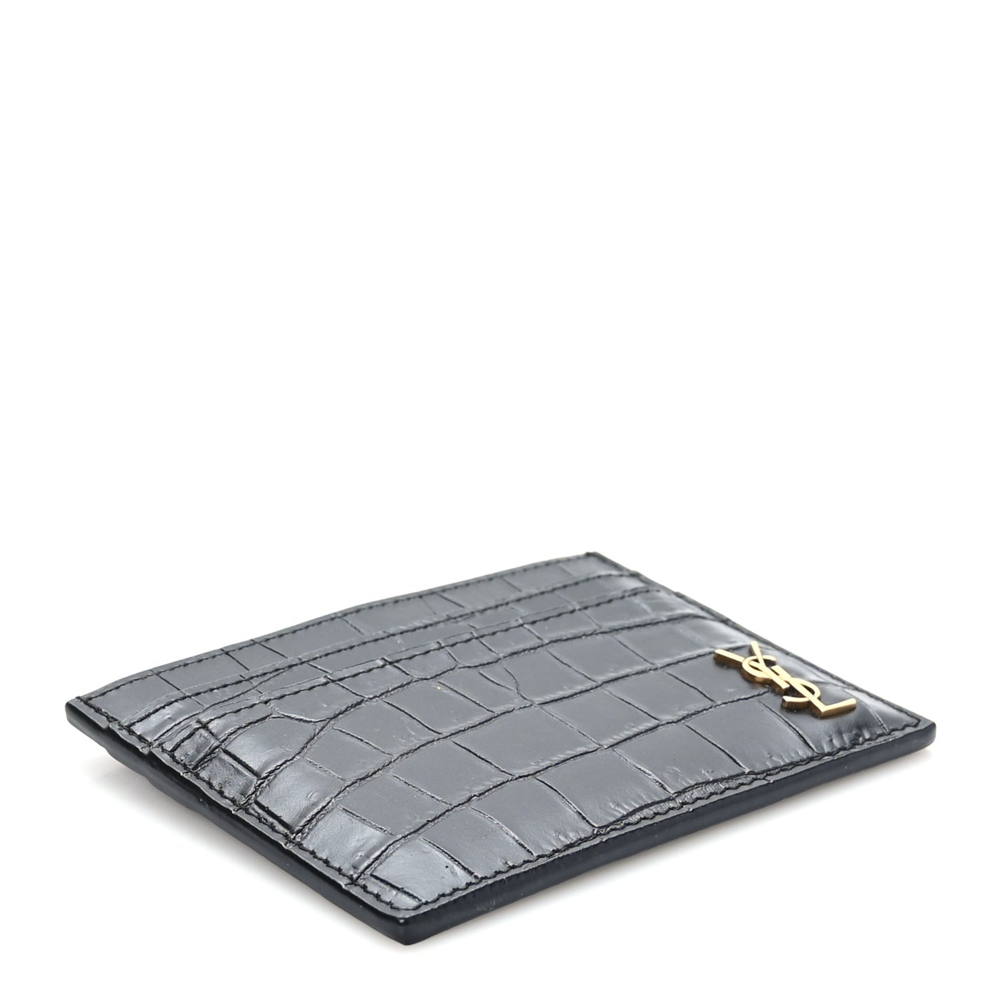 Calfskin Crocodile Embossed Monogram Tiny Cassandra Credit Card Case Black