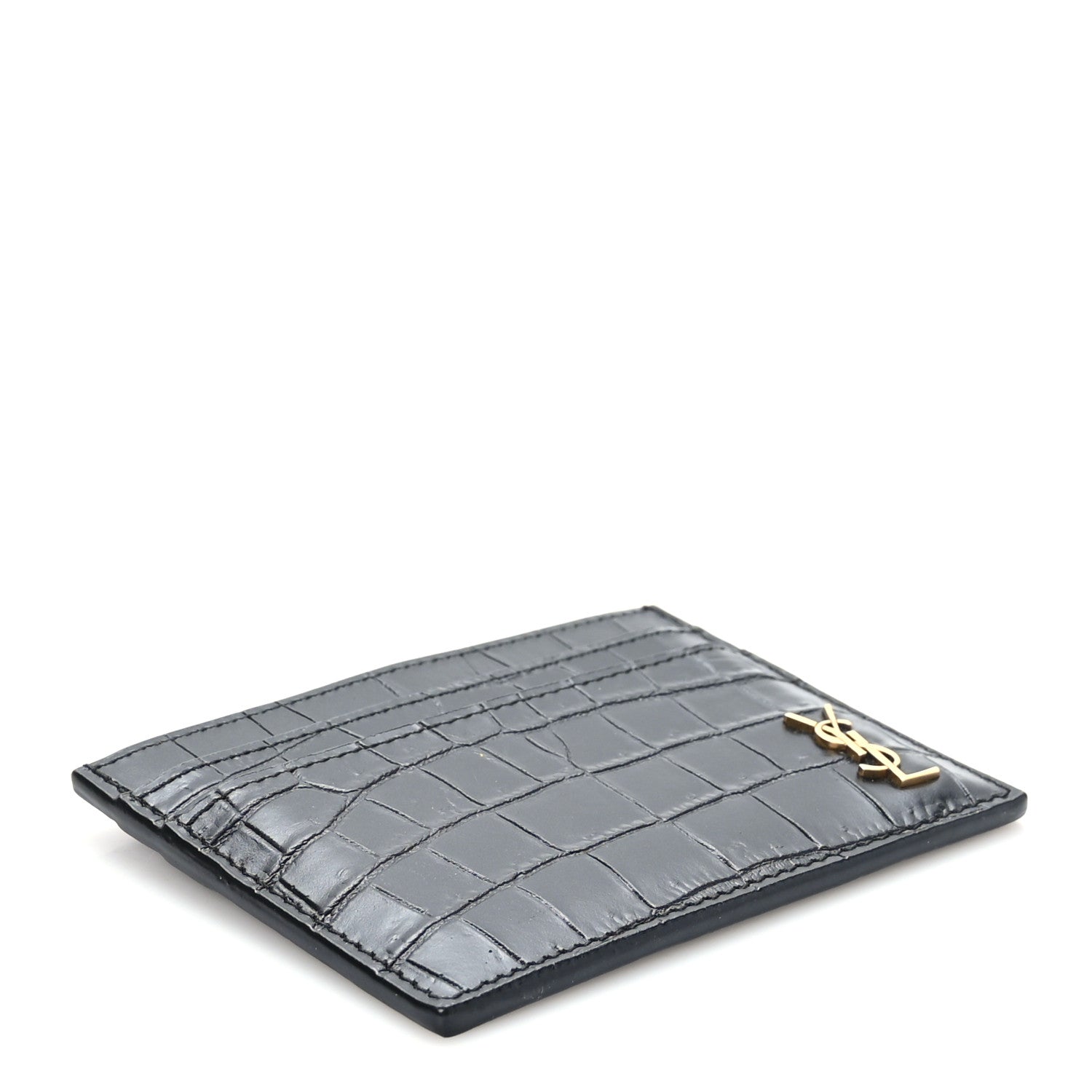 Saint Laurent Calfskin Crocodile Embossed Monogram Tiny Cassandra Credit Card Case Black 4 of 7