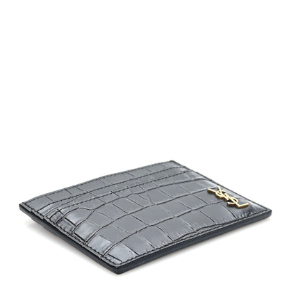 Saint Laurent Calfskin Crocodile Embossed Monogram Tiny Cassandra Credit Card Case Black 4 of 7