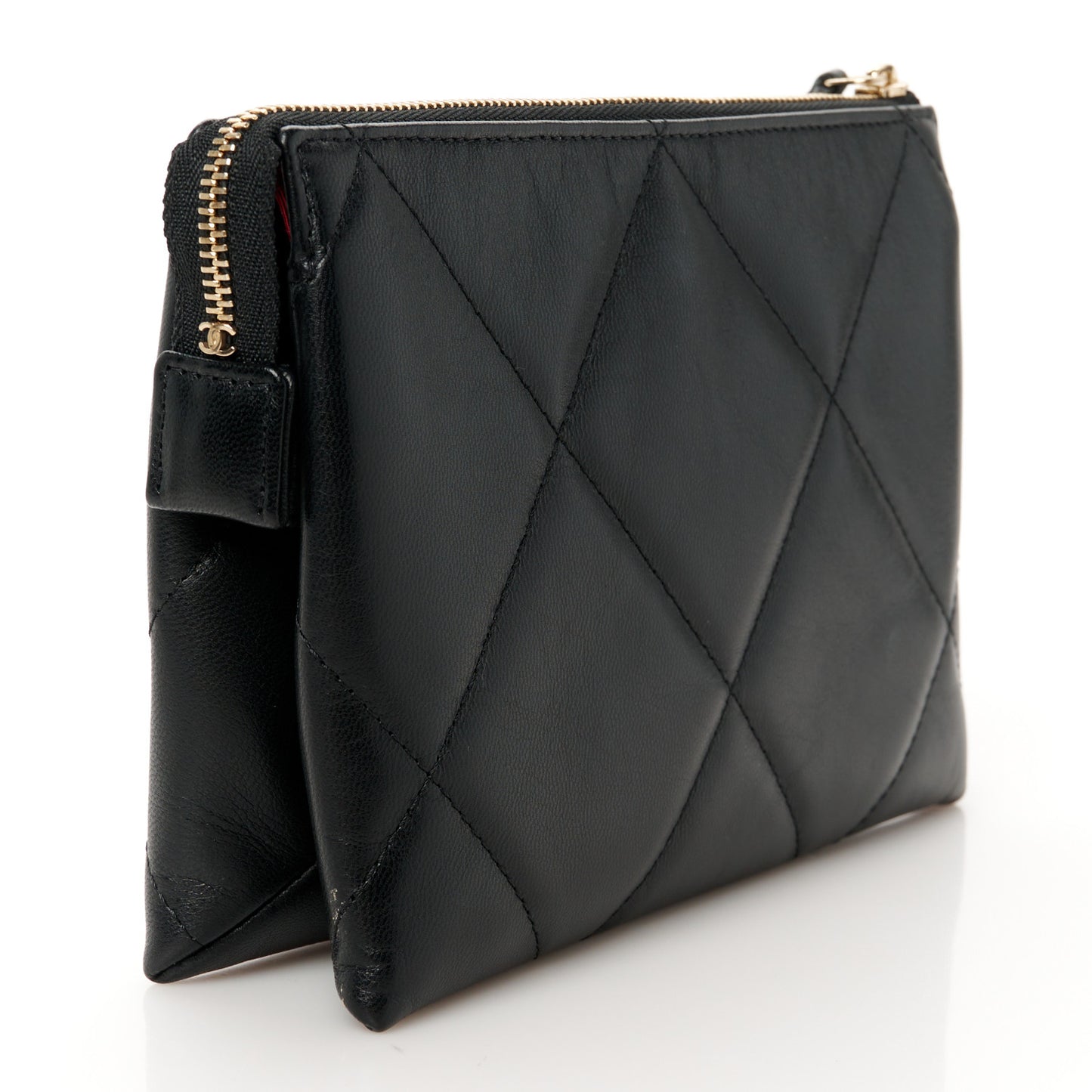 Shiny Goatskin Quilted Small Chanel 19 Pouch With Handle Black