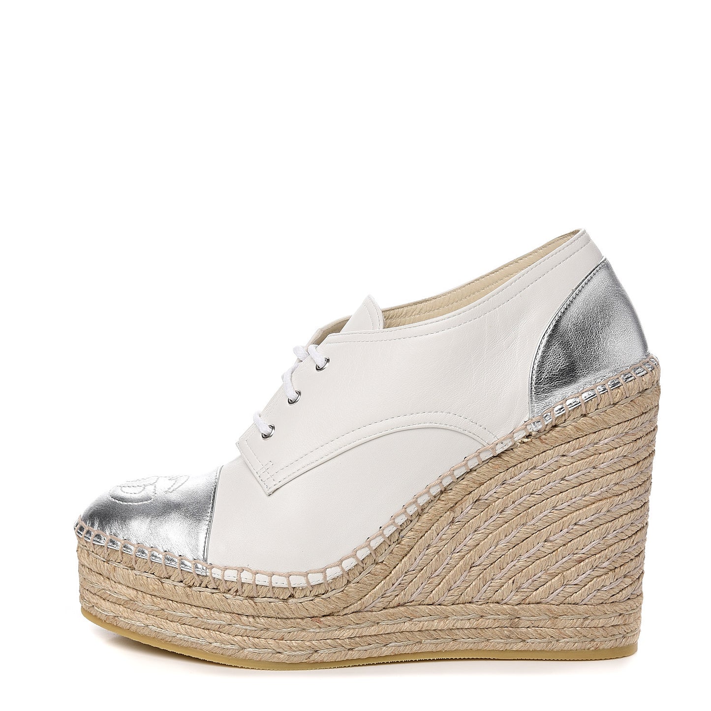 Metallic Calfskin Pilar Cap Toe Logo Espadrille Wedge Sneakers 40.5 White Silver