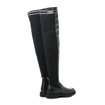 Fendi Nappa Stretch Fabric Logo Rockoko Thigh High Boots 36 Black White 4 of 7