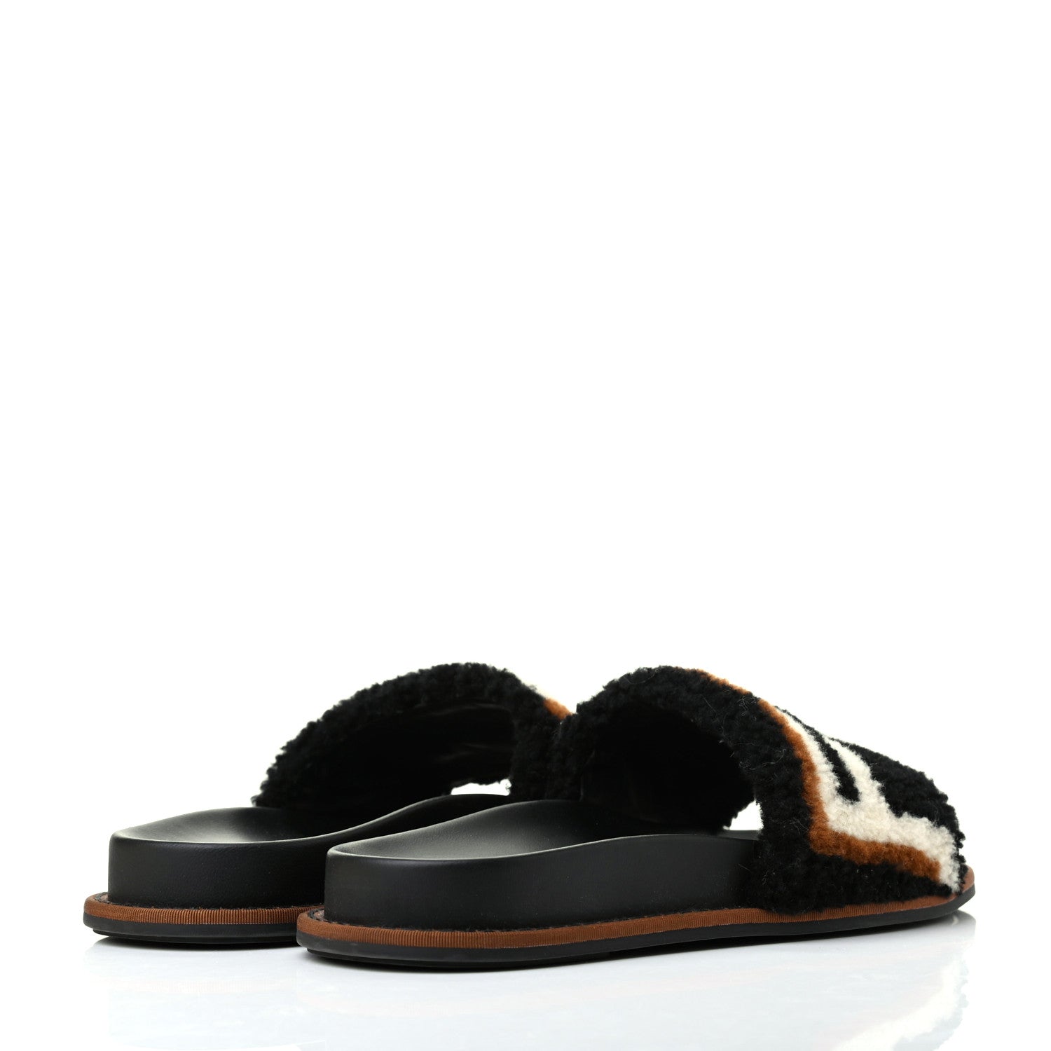 Fendi Shearling Logo Slide Sandals 36.5 Black Latte Brownie 4 of 11