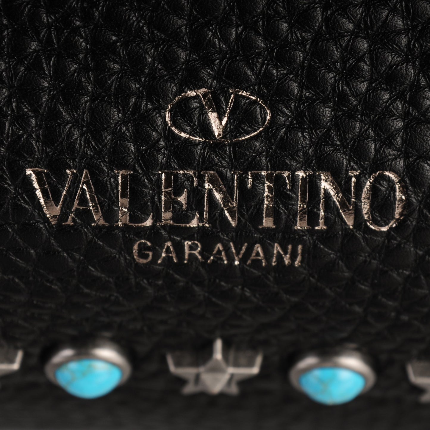 Grained Calfskin Turquoise Star Studded Medium Rockstud Rolling Tote Black