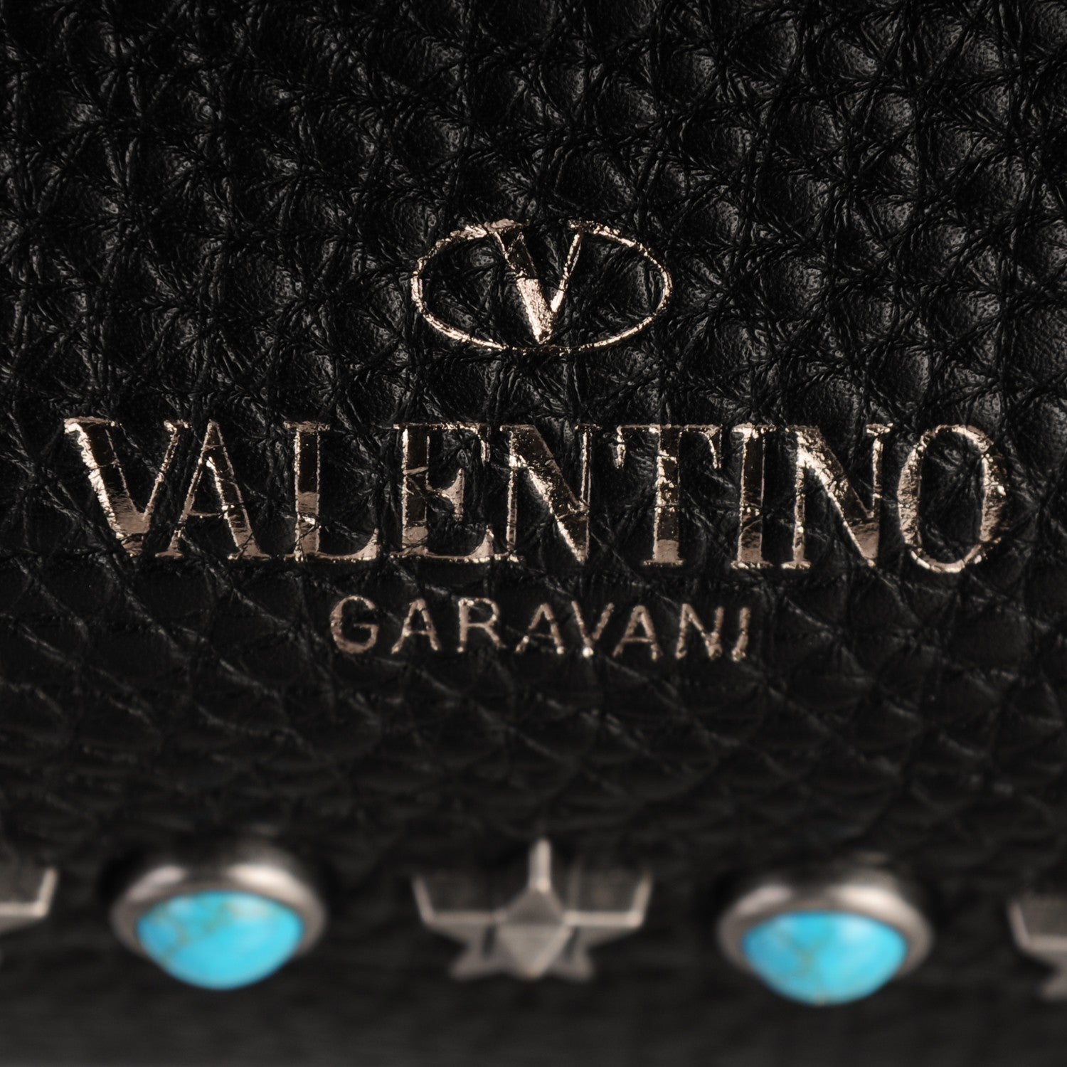 Valentino Garavani Grained Calfskin Turquoise Star Studded Medium Rockstud Rolling Tote Black 6 of 8