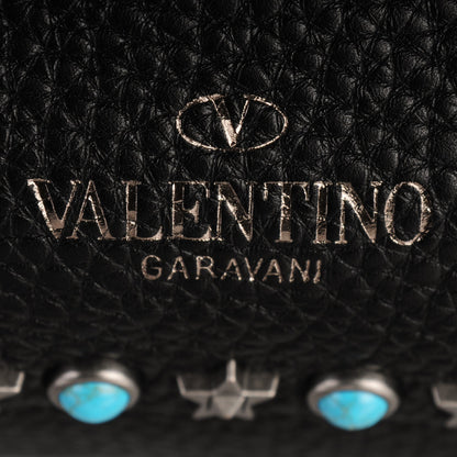 Valentino Garavani Grained Calfskin Turquoise Star Studded Medium Rockstud Rolling Tote Black 6 of 8