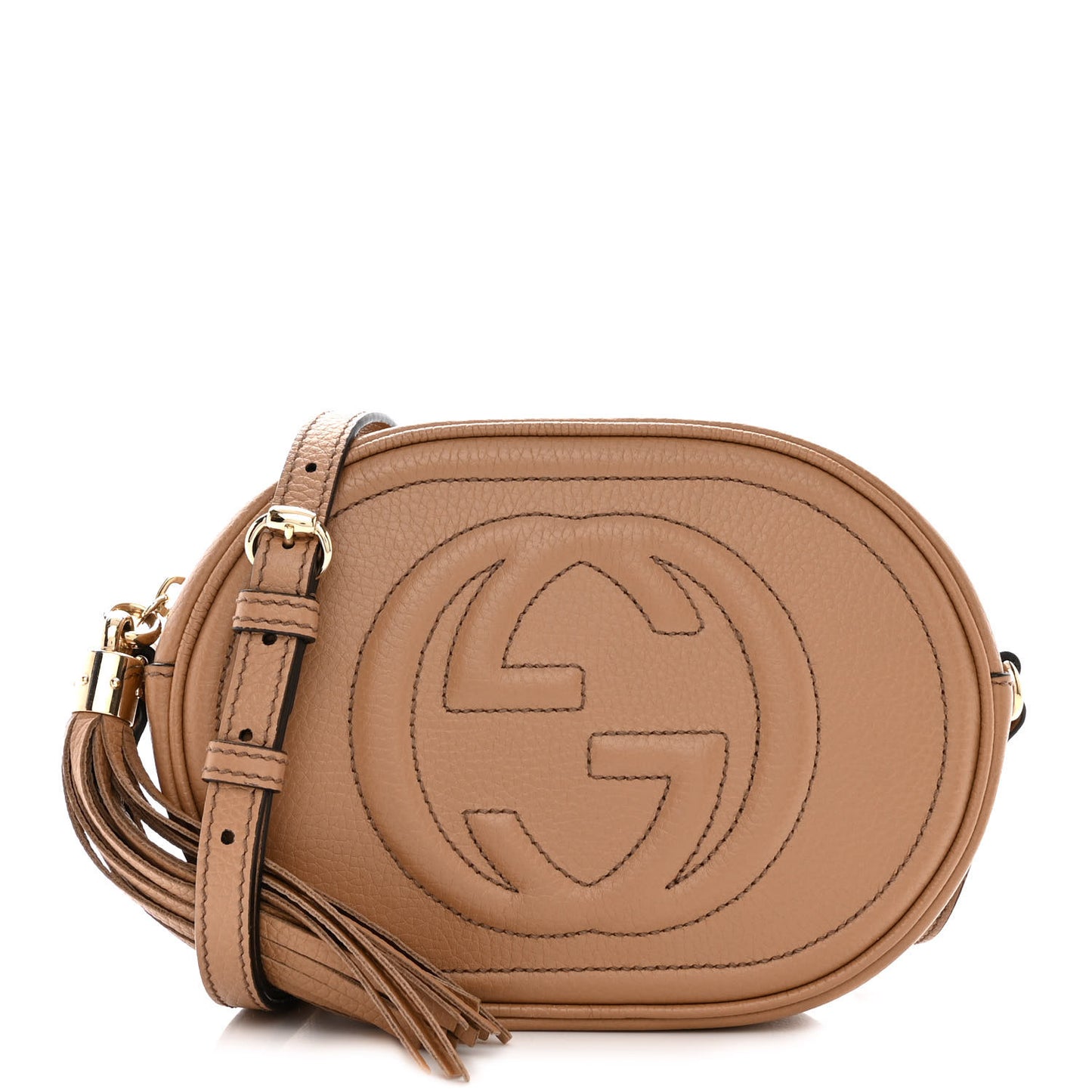 Pebbled Calfskin Oval Soho Shoulder Bag Beige Camelia