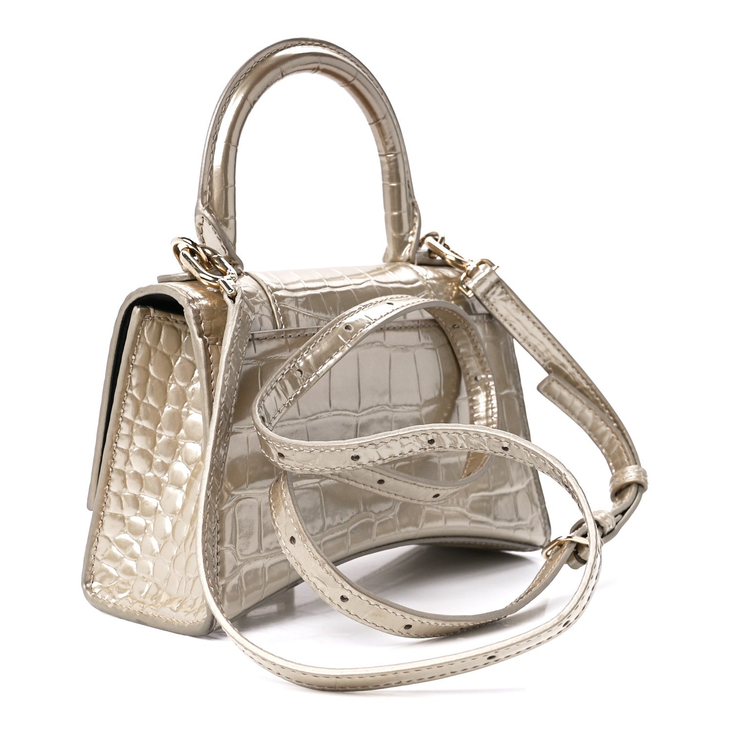 Balenciaga Metallic Shiny Calfskin Crocodile Embossed Hourglass Top Handle Bag XS Light Gold 3 of 12