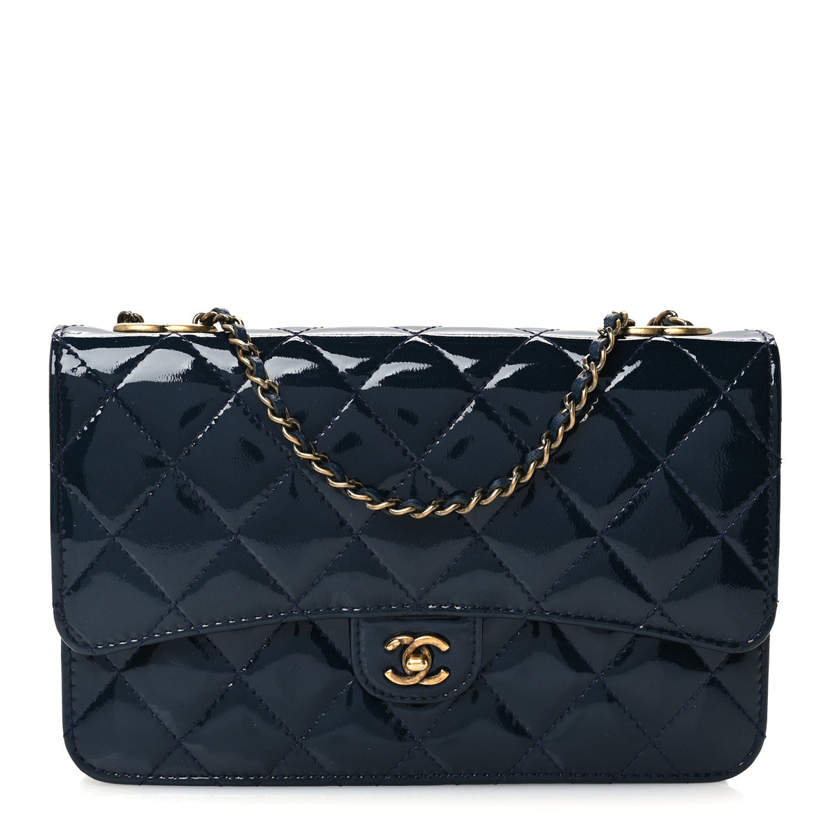Patent Goatskin Quilted CC Eyelet Wallet On Chain WOC Blue
