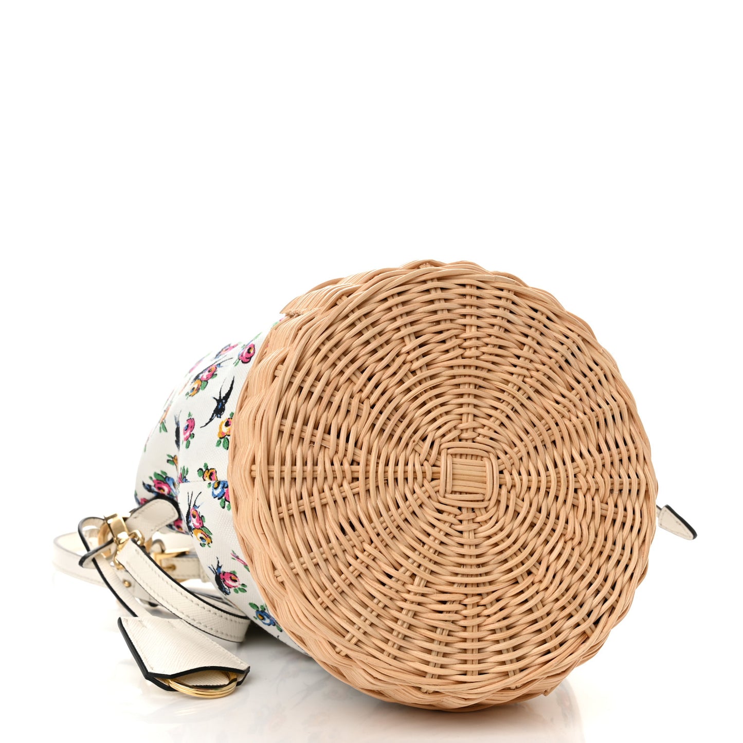 Wicker Canvas Floral Print Bucket Bag White Multicolor