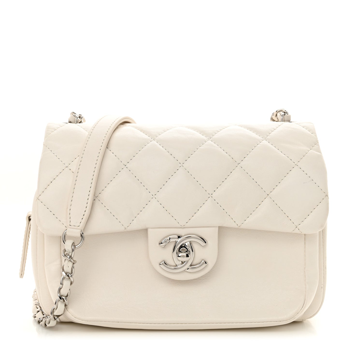 Aged Calfskin Quilted Express Zip Around Flap White