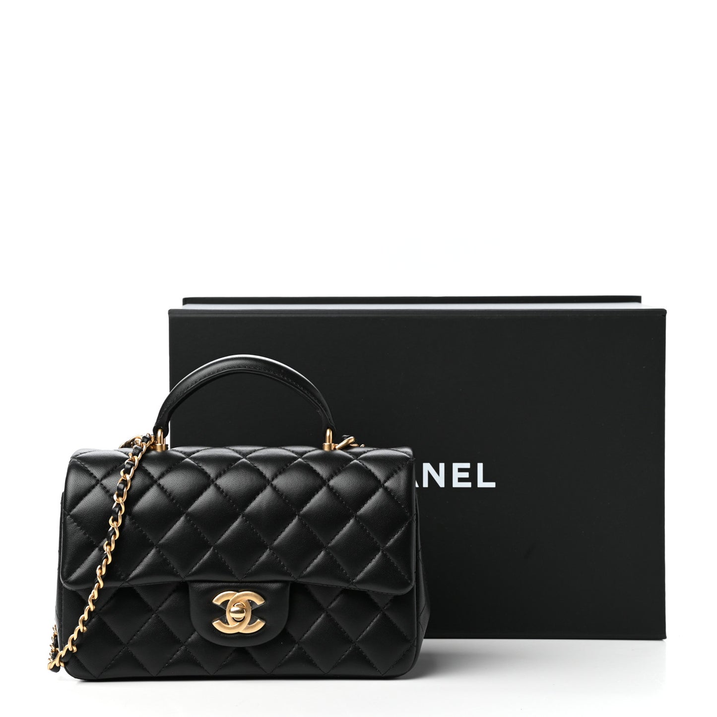Lambskin Quilted Mini Top Handle Rectangular Flap Black