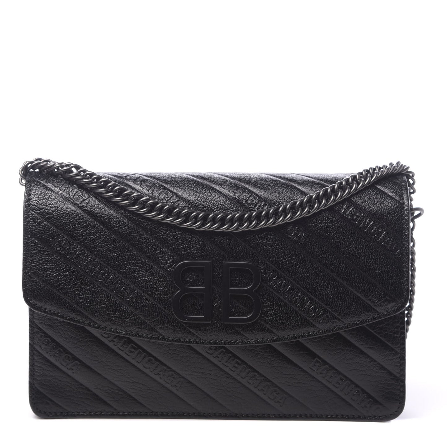 Shiny Goatskin Logo Embossed Monochrome BB Wallet On Chain Black