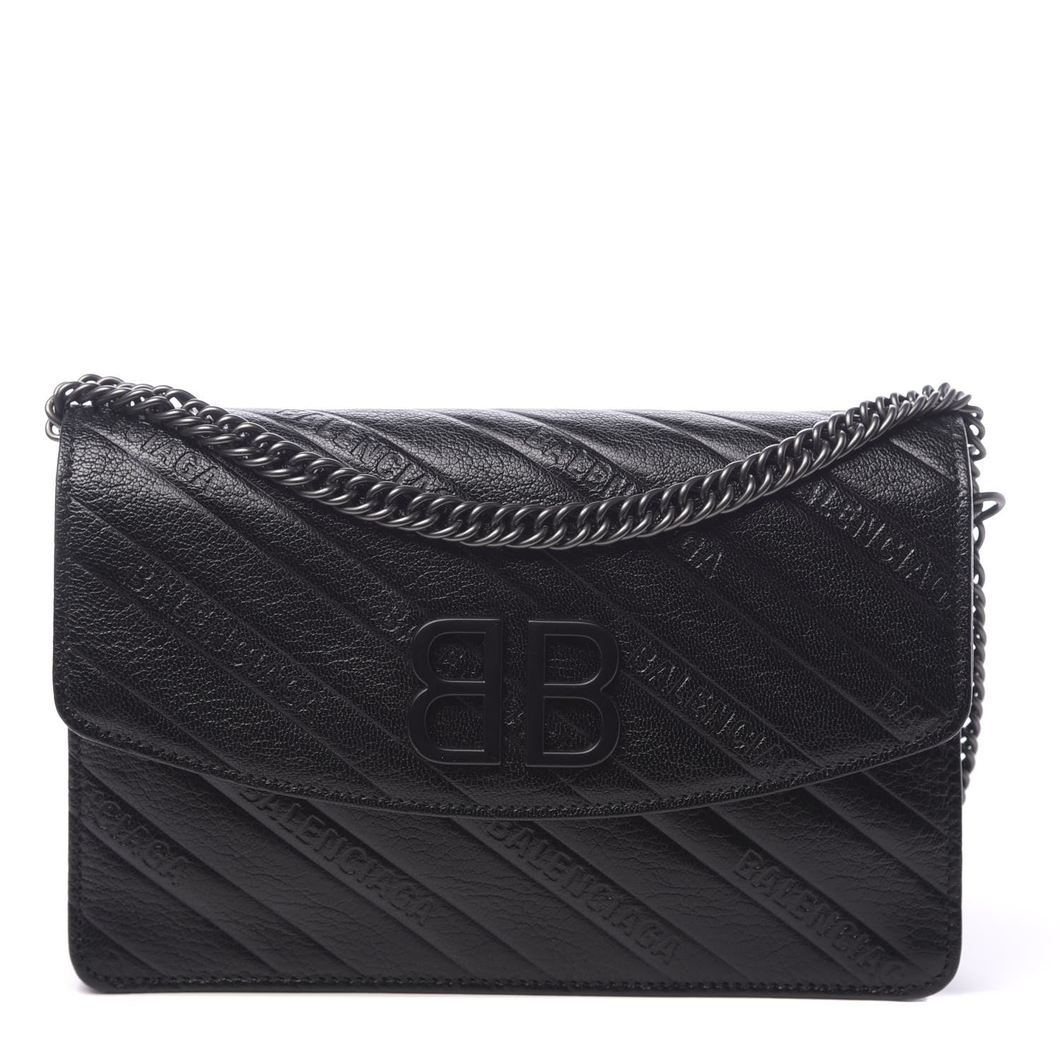 Balenciaga Shiny Goatskin Logo Embossed Monochrome BB Wallet On Chain Black 1 of 9
