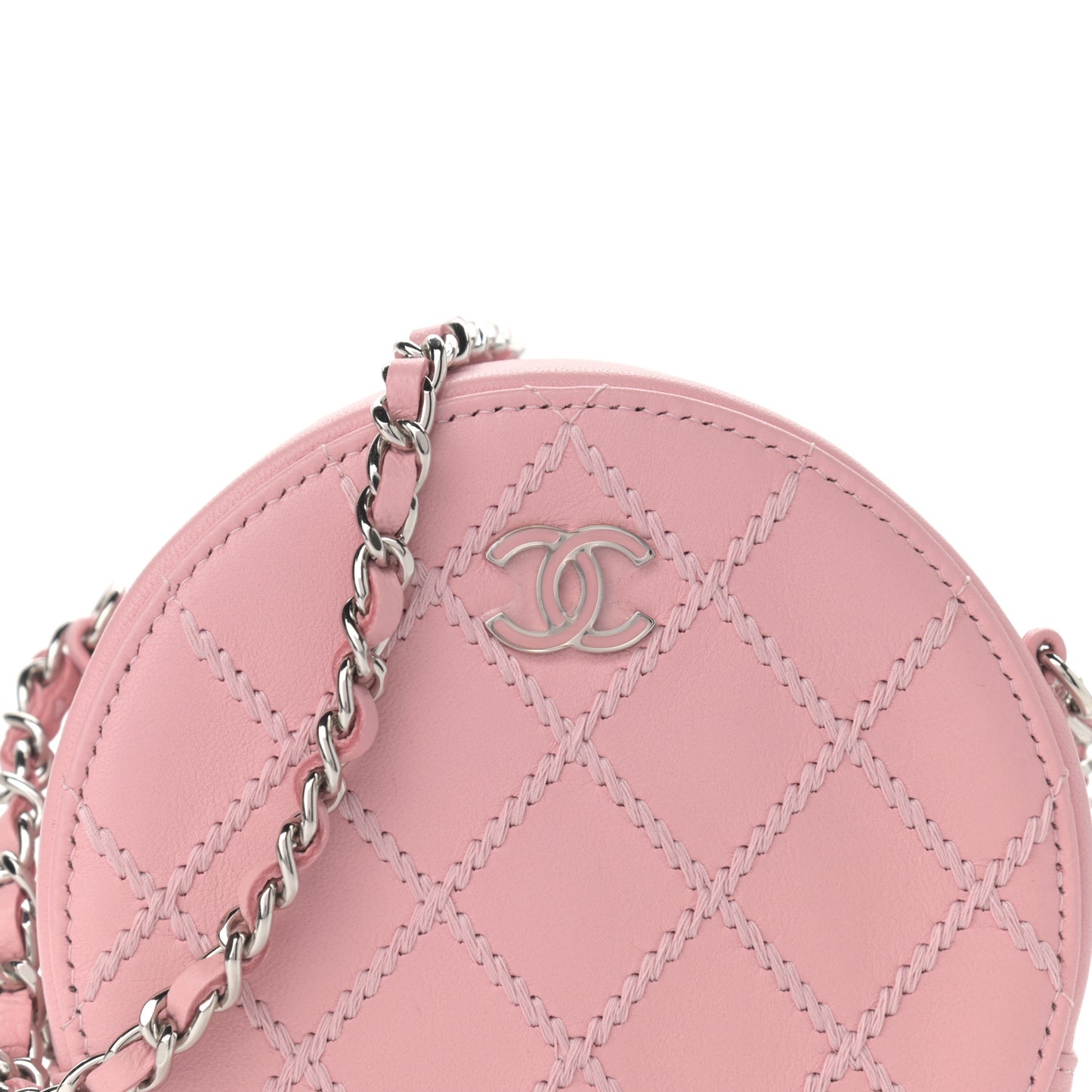 Lambskin Stitch Round Clutch With Chain Pink