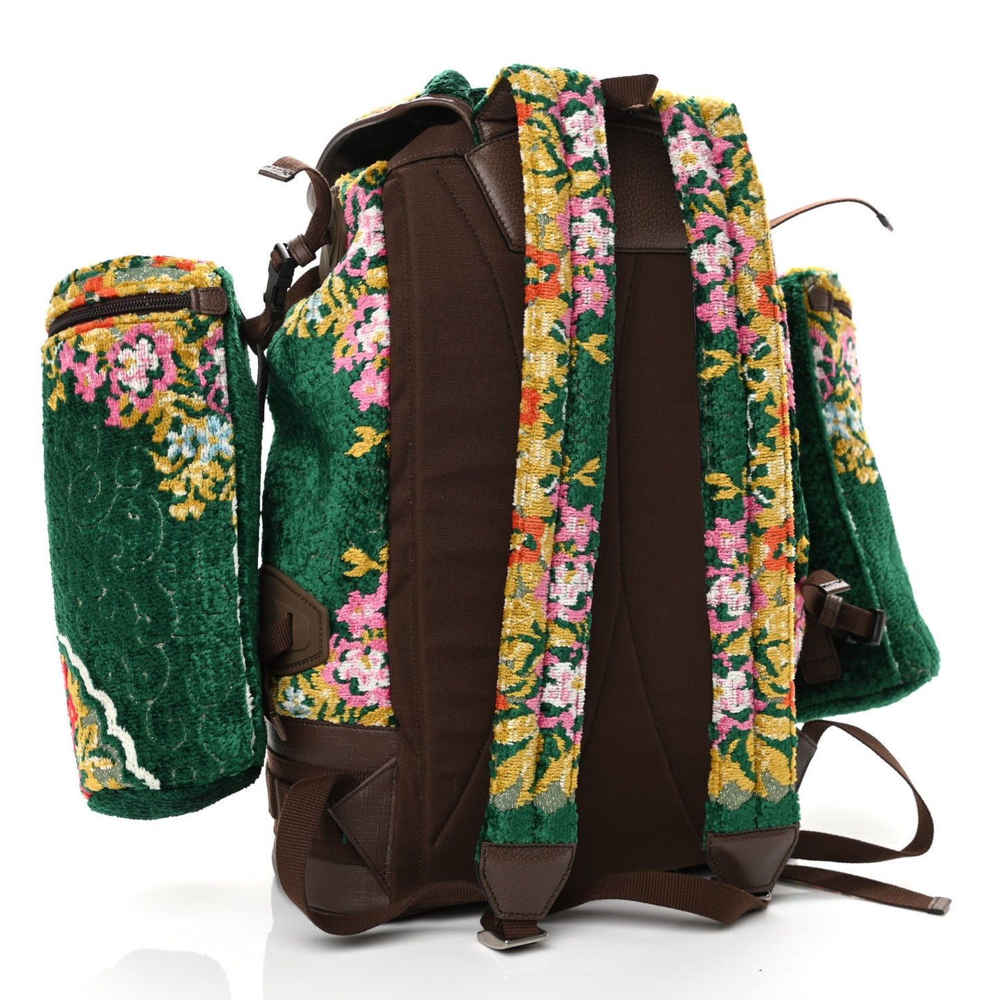 Velvet Jacquard Tapestry Script Logo Large Double Pocket Backpack Green Multicolor