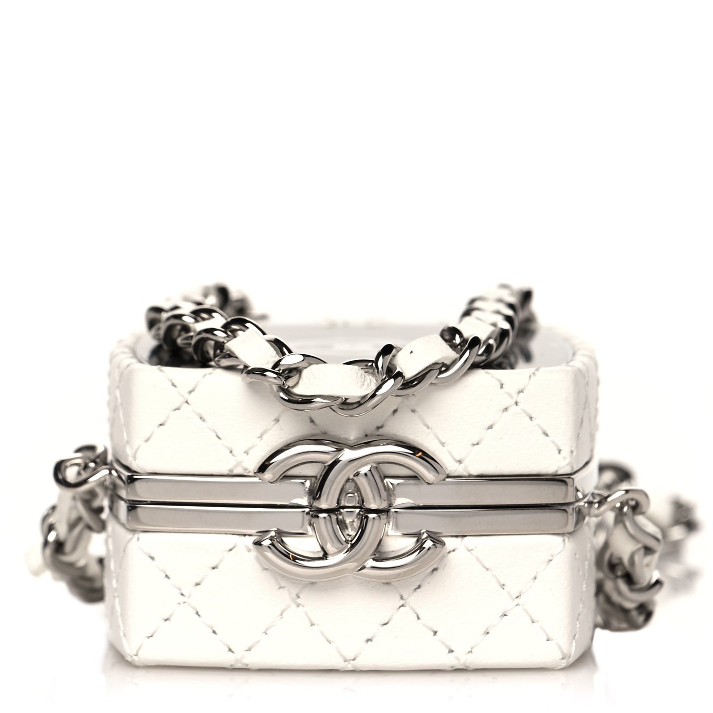 Patent Goatskin Quilted Clutch With Chain White