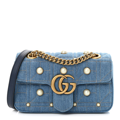 Gucci Denim Matelasse Pearl Studded Mini GG Marmont Shoulder Bag Blue 1 of 11