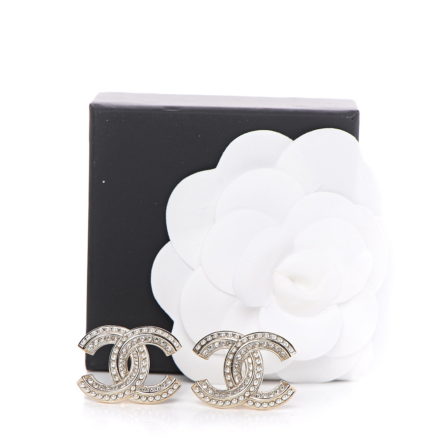 Crystal Pearl Chain Mania CC Earrings Gold