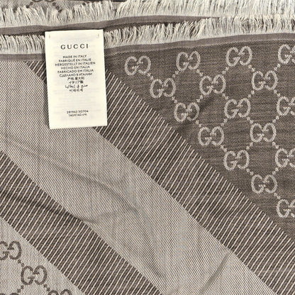 Gucci Wool Silk Monogram GGWeb Fringe Shawl Bitume Ivory 3 of 3