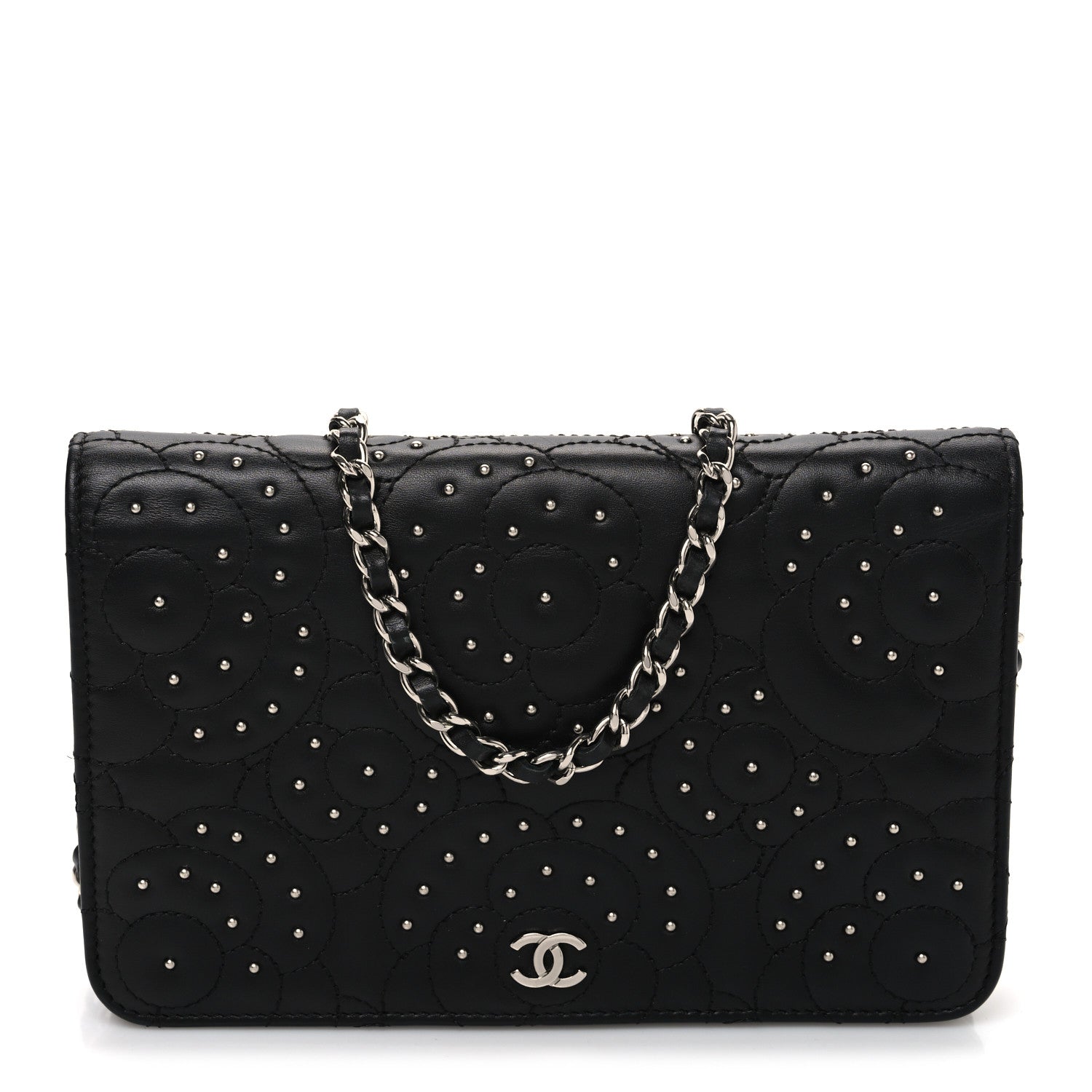 Chanel Lambskin Camellia Studded Wallet on Chain WOC Black 1 of 11