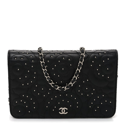 Chanel Lambskin Camellia Studded Wallet on Chain WOC Black 1 of 11
