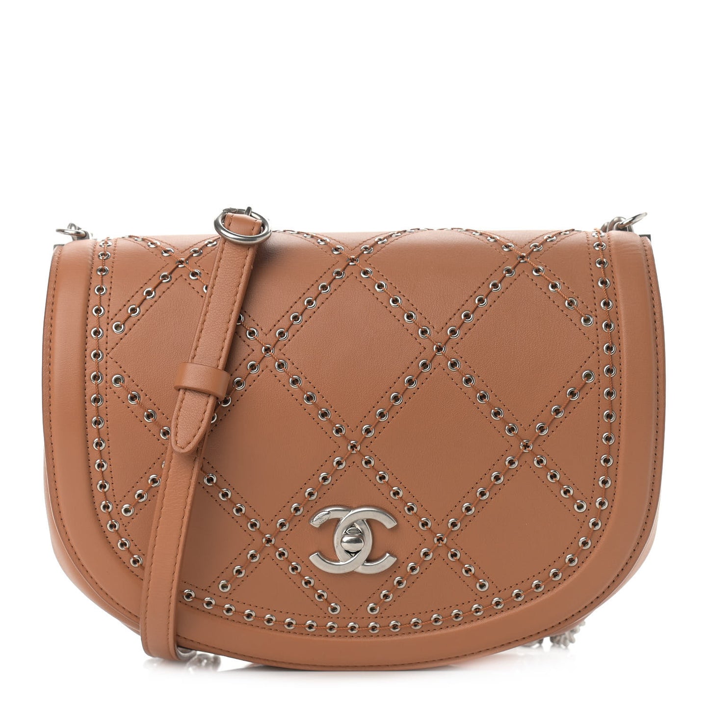 Calfskin Coco Eyelets Small Flap Bag Camel