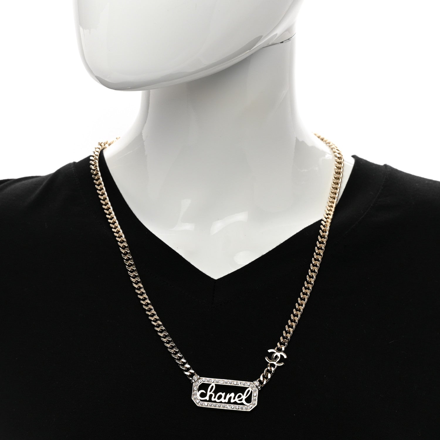 Chanel Metal Crystal Pearl Logo Necklace Gold 2 of 4