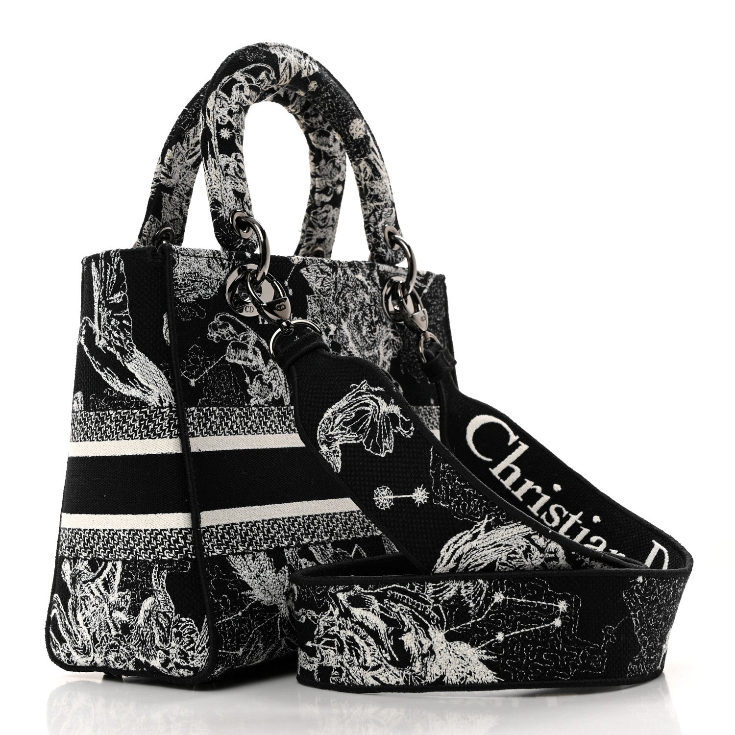Christian Dior Canvas Embroidered Zodiac Toile De Jouy Medium Lady D-Lite Black 2 of 10