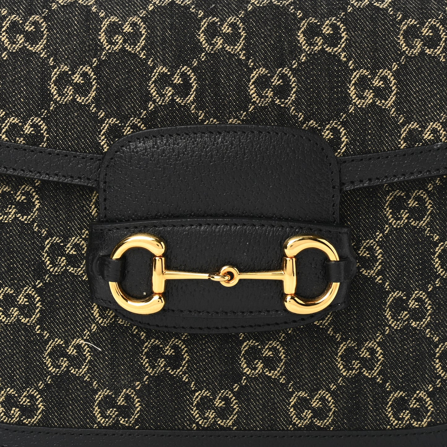 Jacquard Black Denim GG Monogram Textured Dollar Calfskin Horsebit 1955 Shoulder Bag Black Ivory